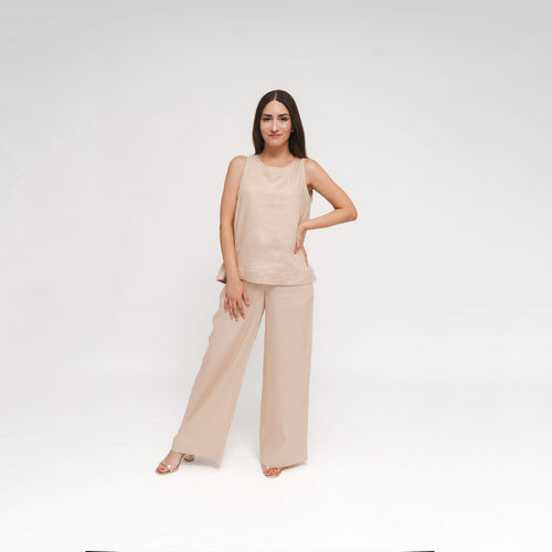 Cleo, Italian Linen wide legged Pants in Beige