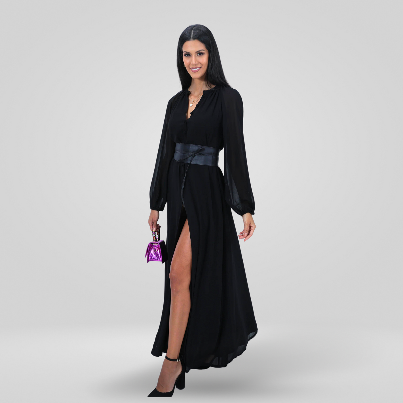Shop Camilla, Long Sleeve Maxi Shirt Dress with Slit by Etta Shop Camilla, Long Sleeve Maxi Shirt Dress with Slit by Etta