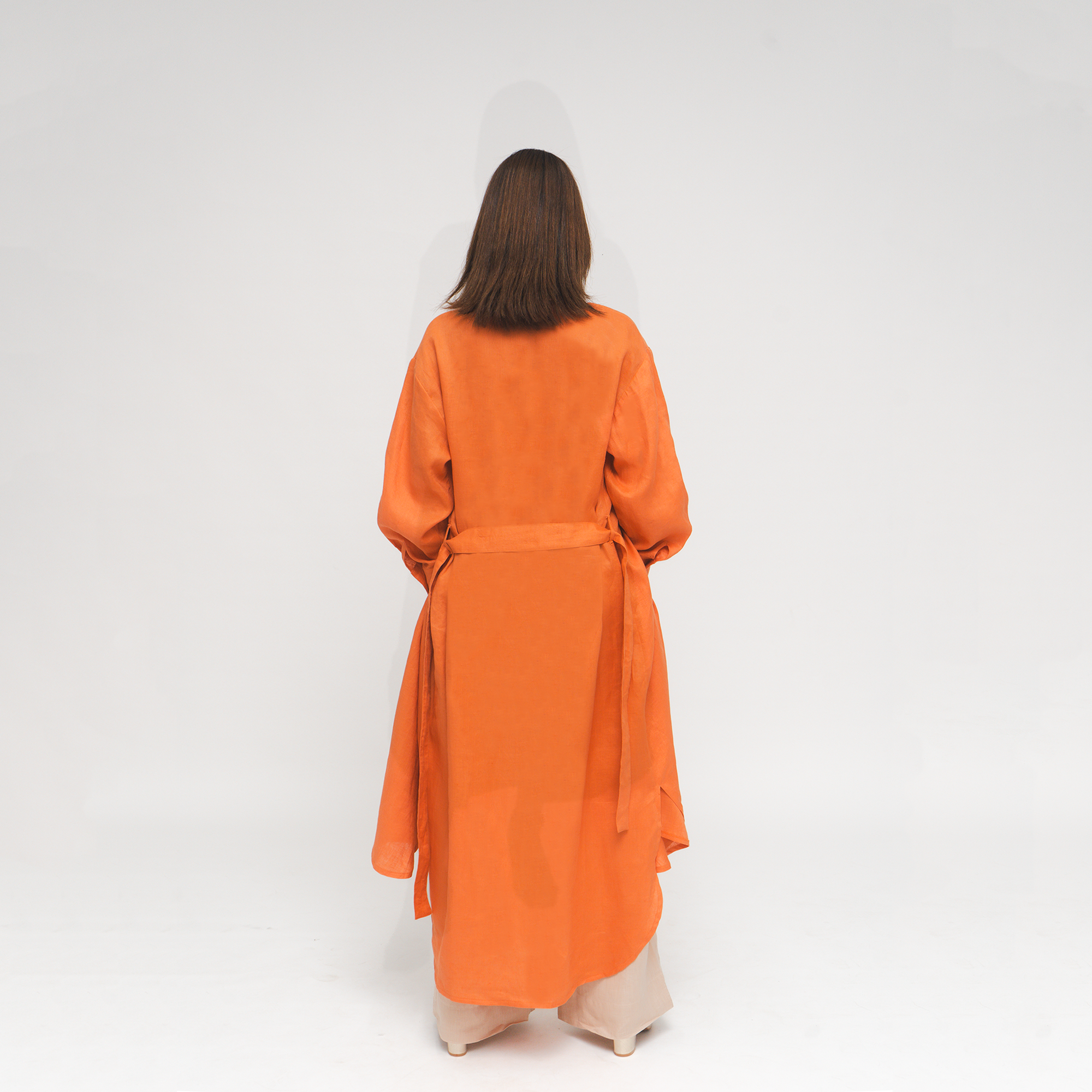 CLARA, Tangerine Italian Linen Midcalf Dress