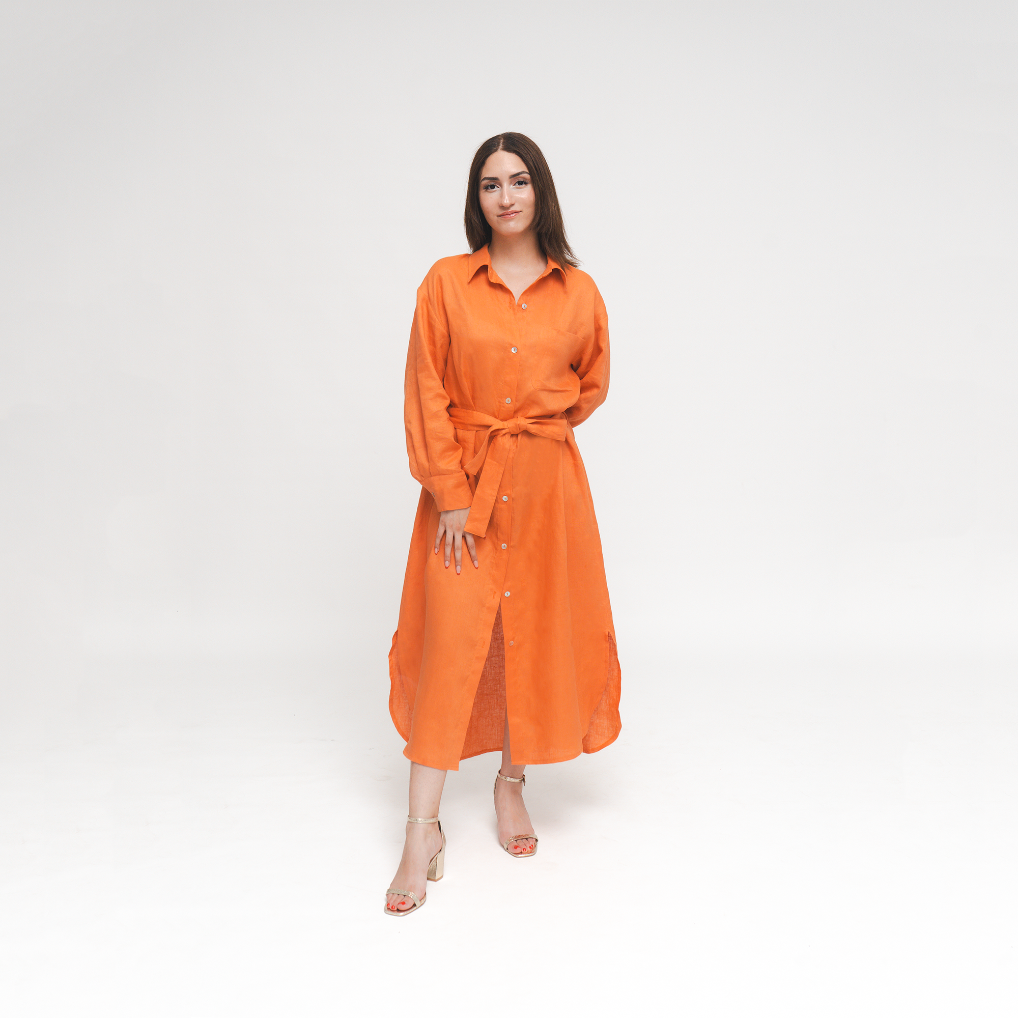 CLARA, Tangerine Italian Linen Midcalf Dress