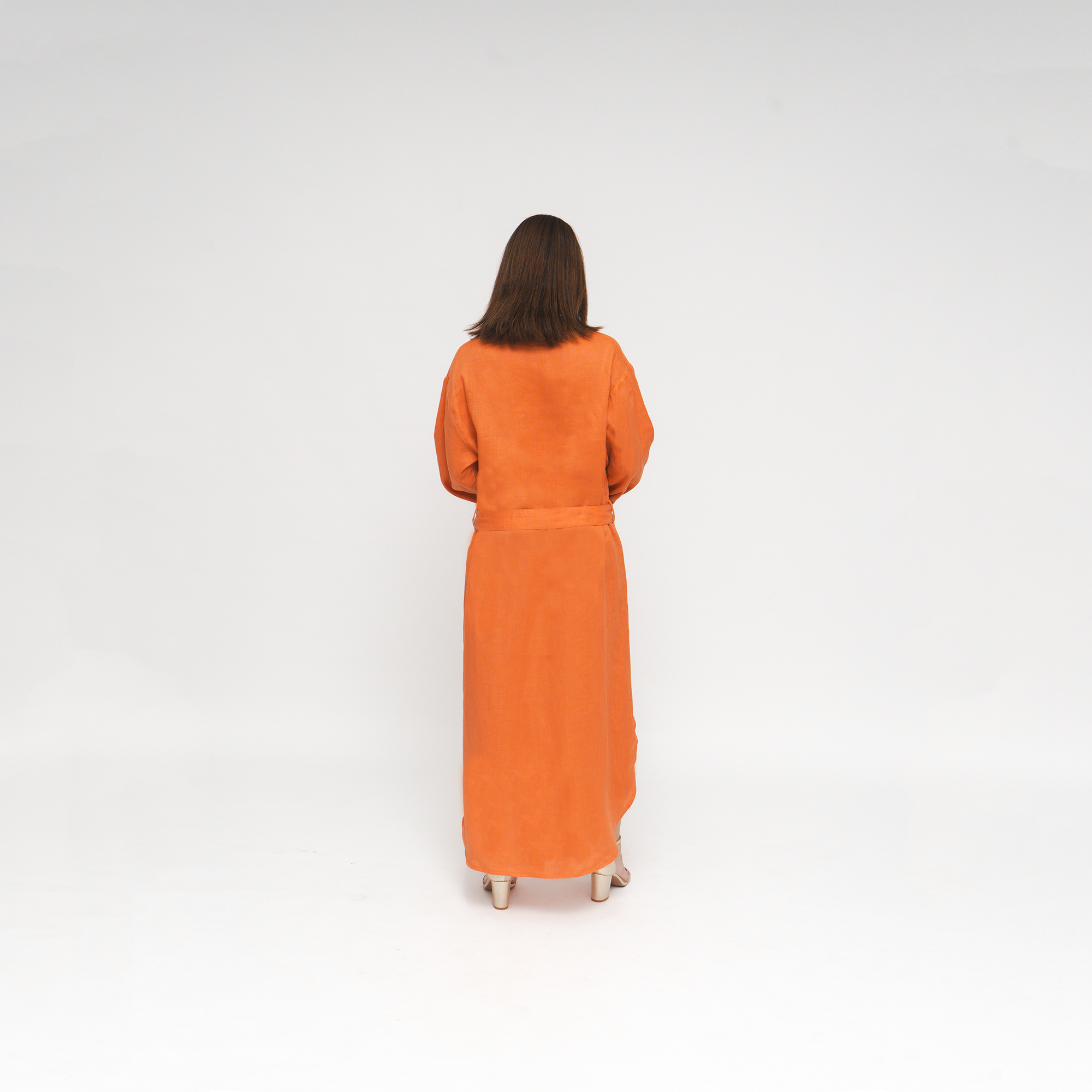 CLARA, Tangerine Italian Linen Midcalf Dress