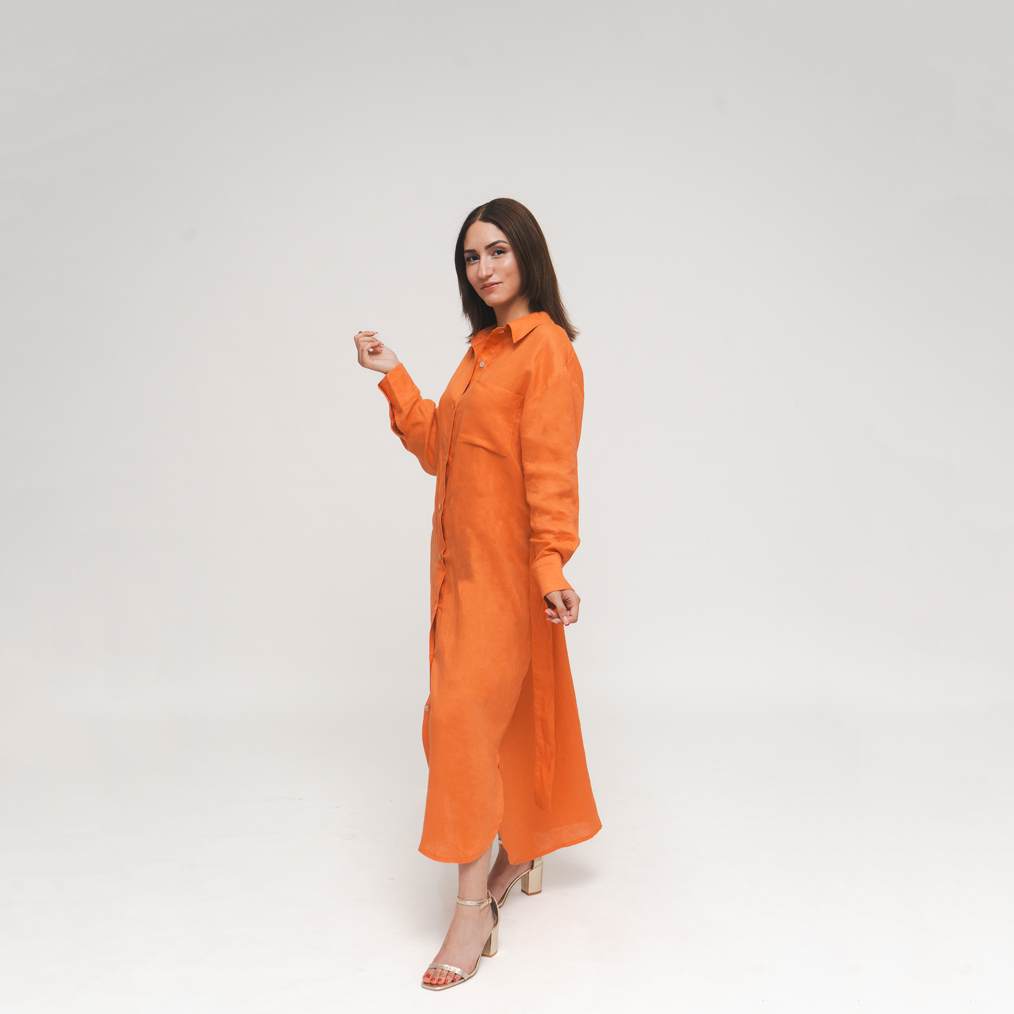 CLARA, Tangerine Italian Linen Midcalf Dress