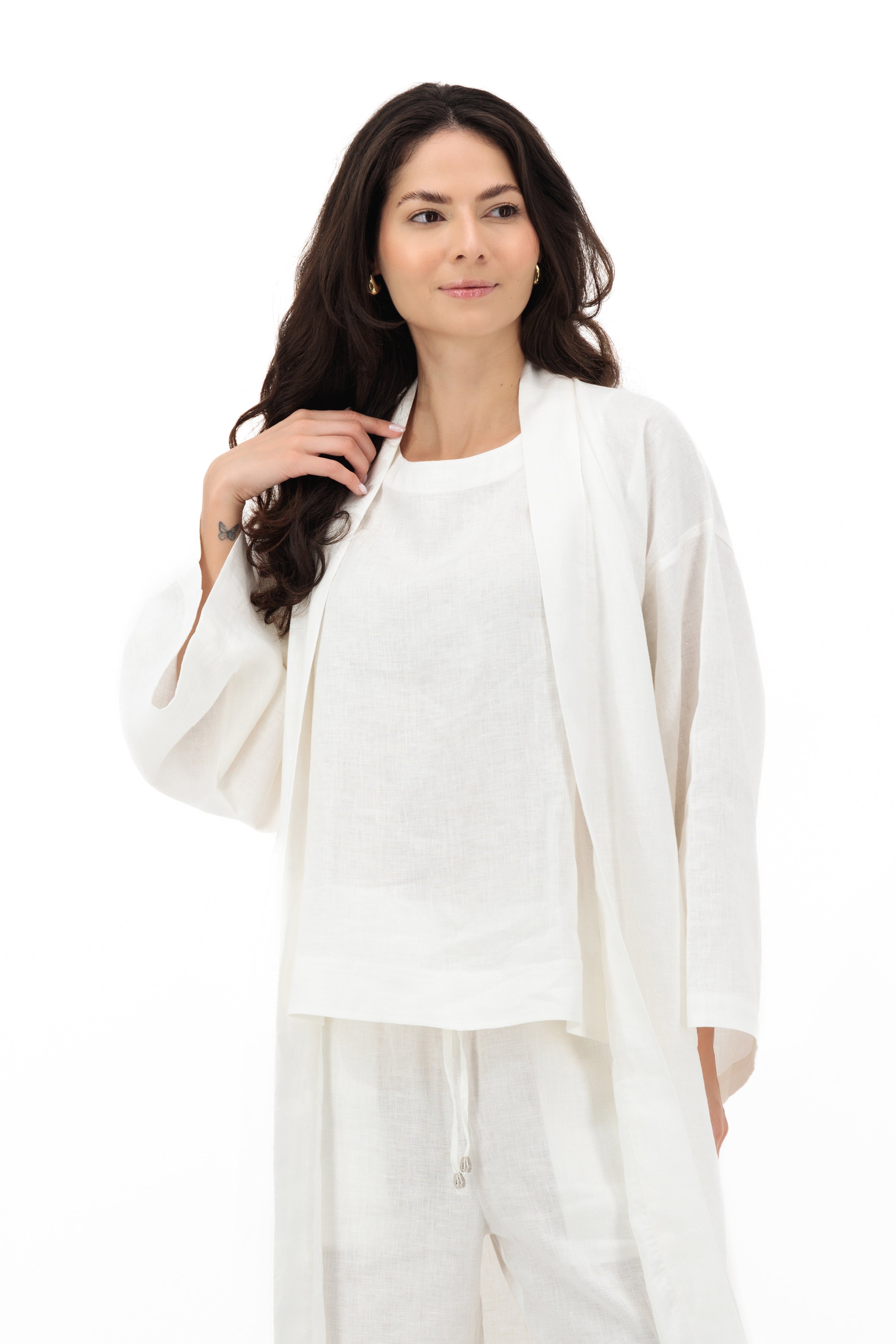 Reese, Italian Linen Kimono Midcalf Jacket in White