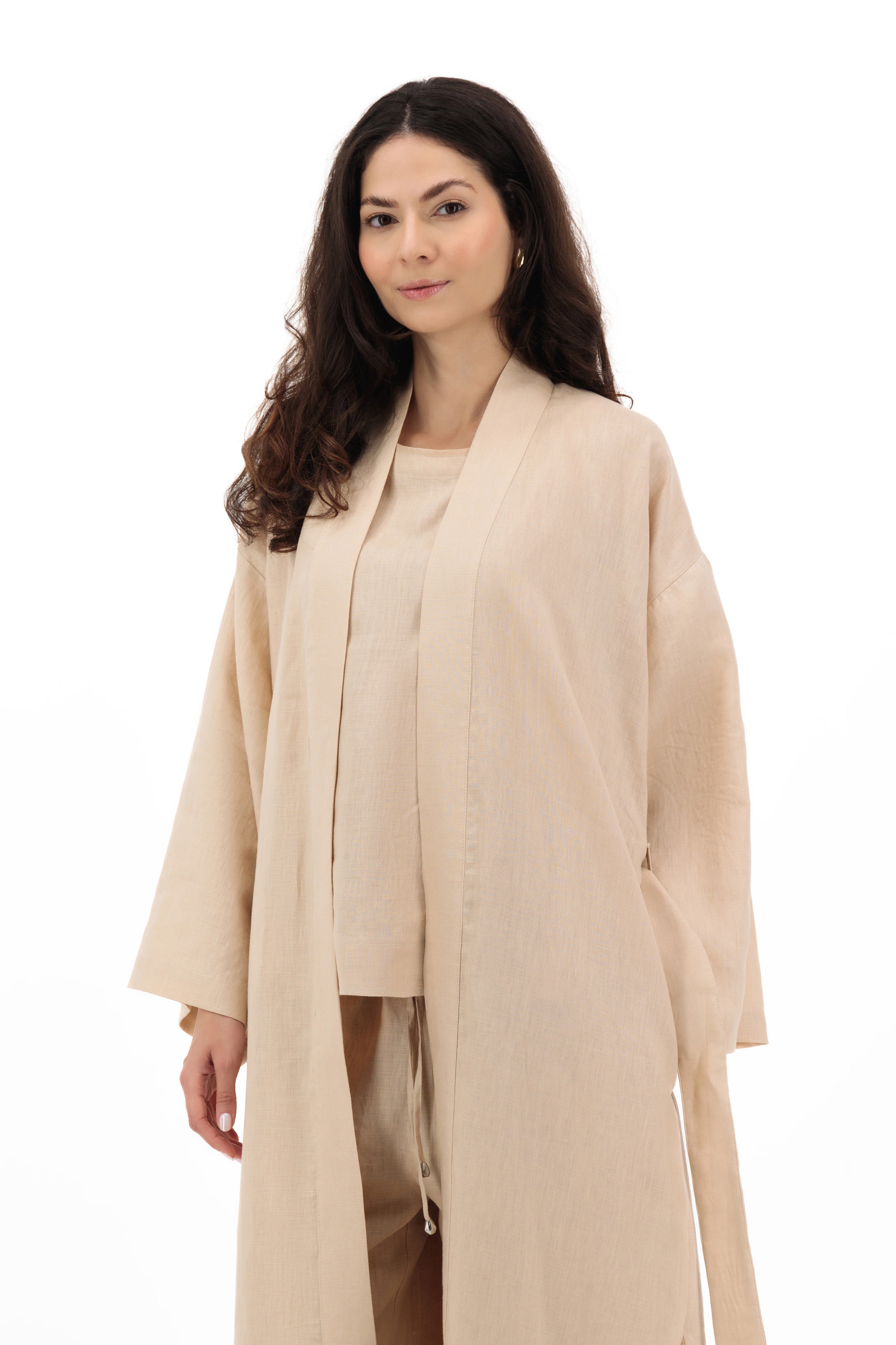 Reese, Italian Linen Kimono Midcalf Jacket in Beige