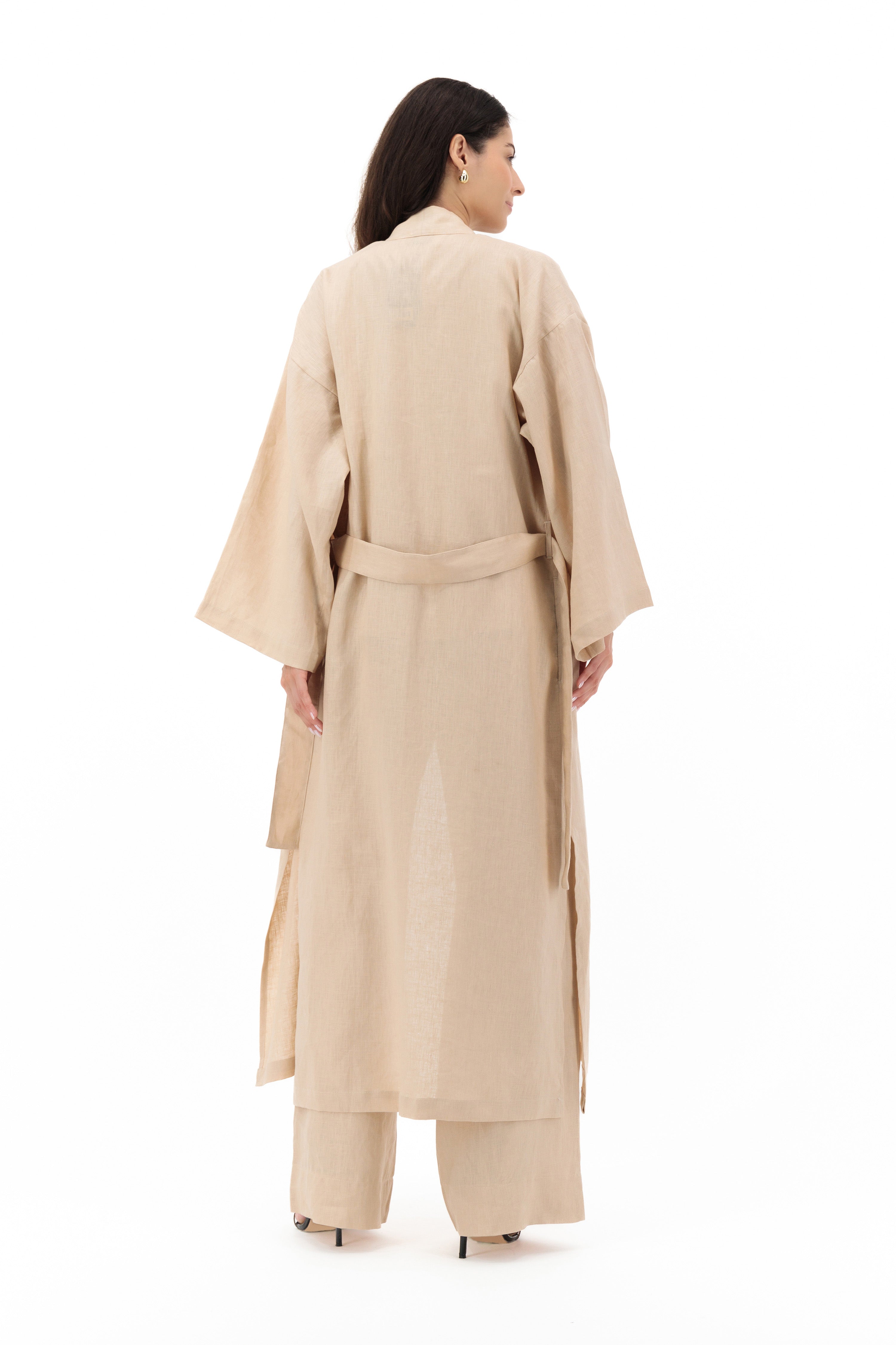Reese, Italian Linen Kimono Midcalf Jacket in Beige