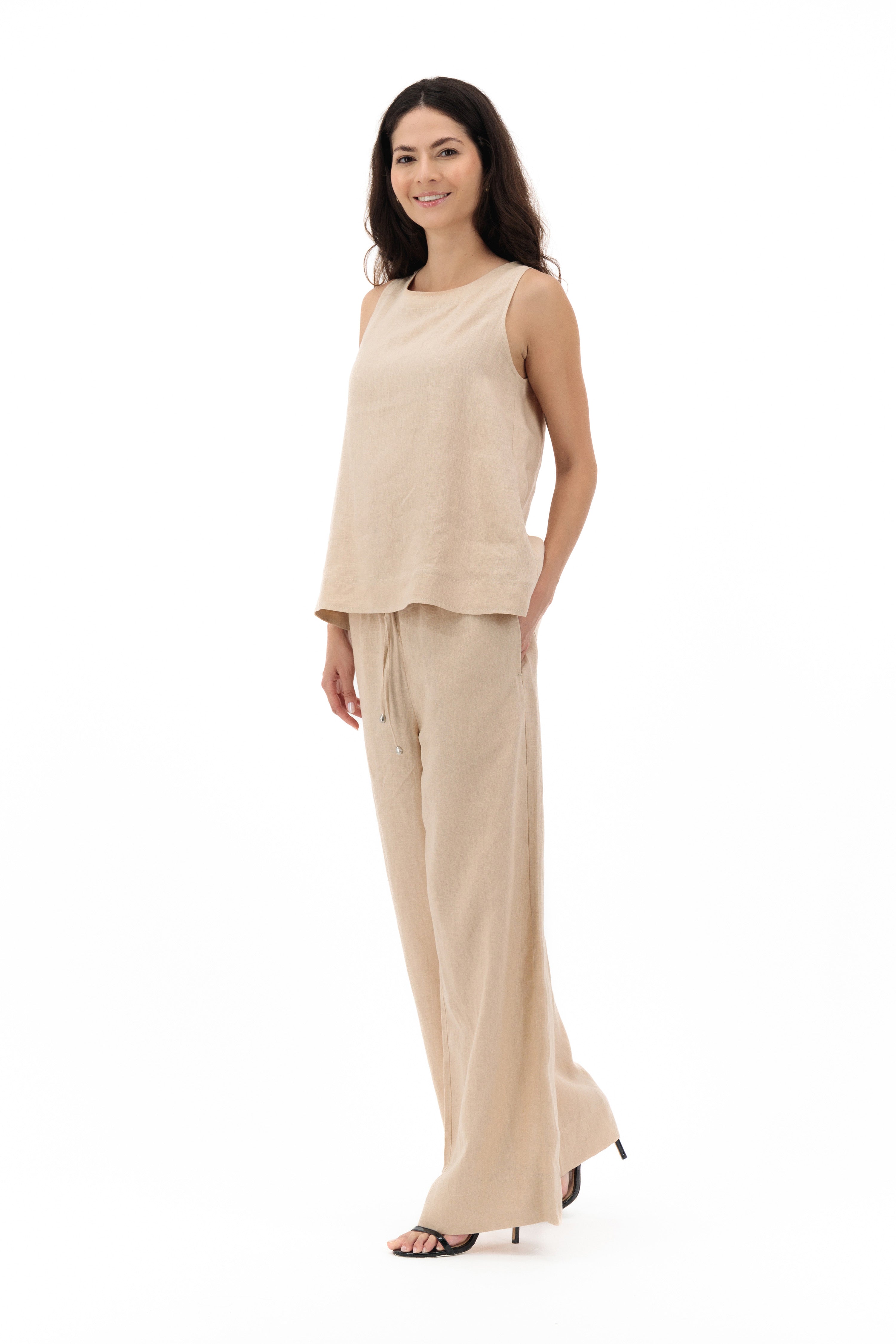 Cleo, Italian Linen wide legged Pants in Beige