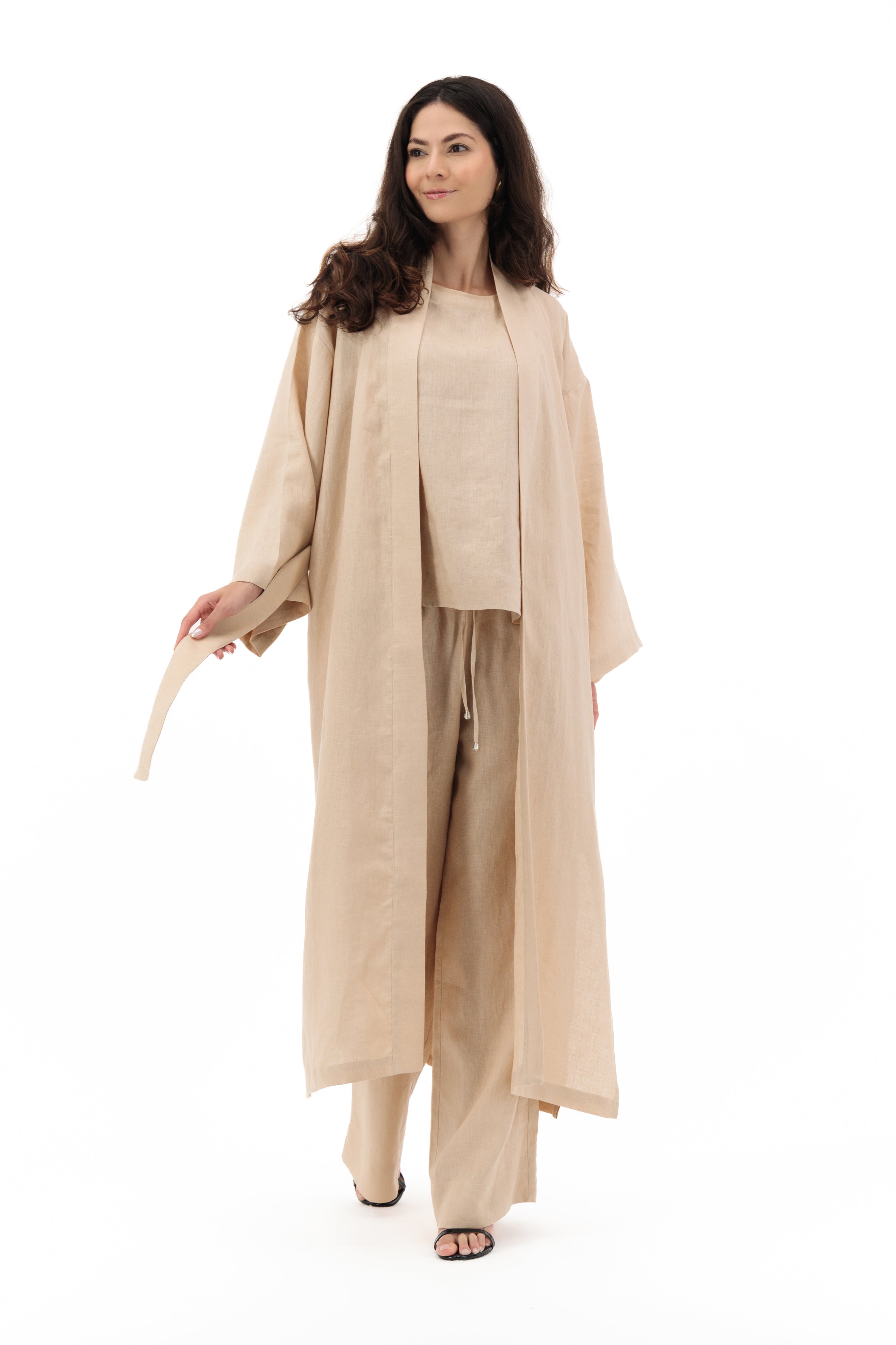 Reese, Italian Linen Kimono Midcalf Jacket in Beige