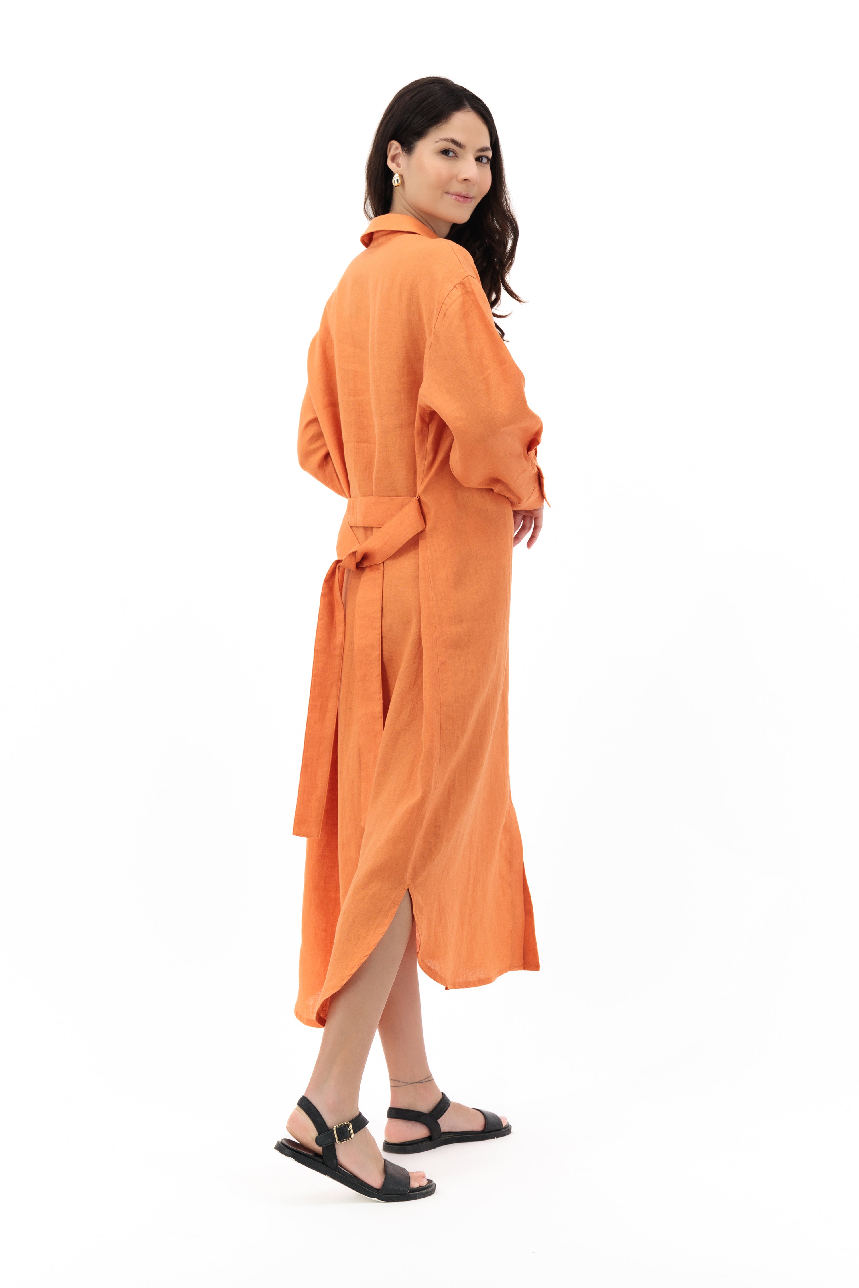 CLARA, Tangerine Italian Linen Midcalf Dress