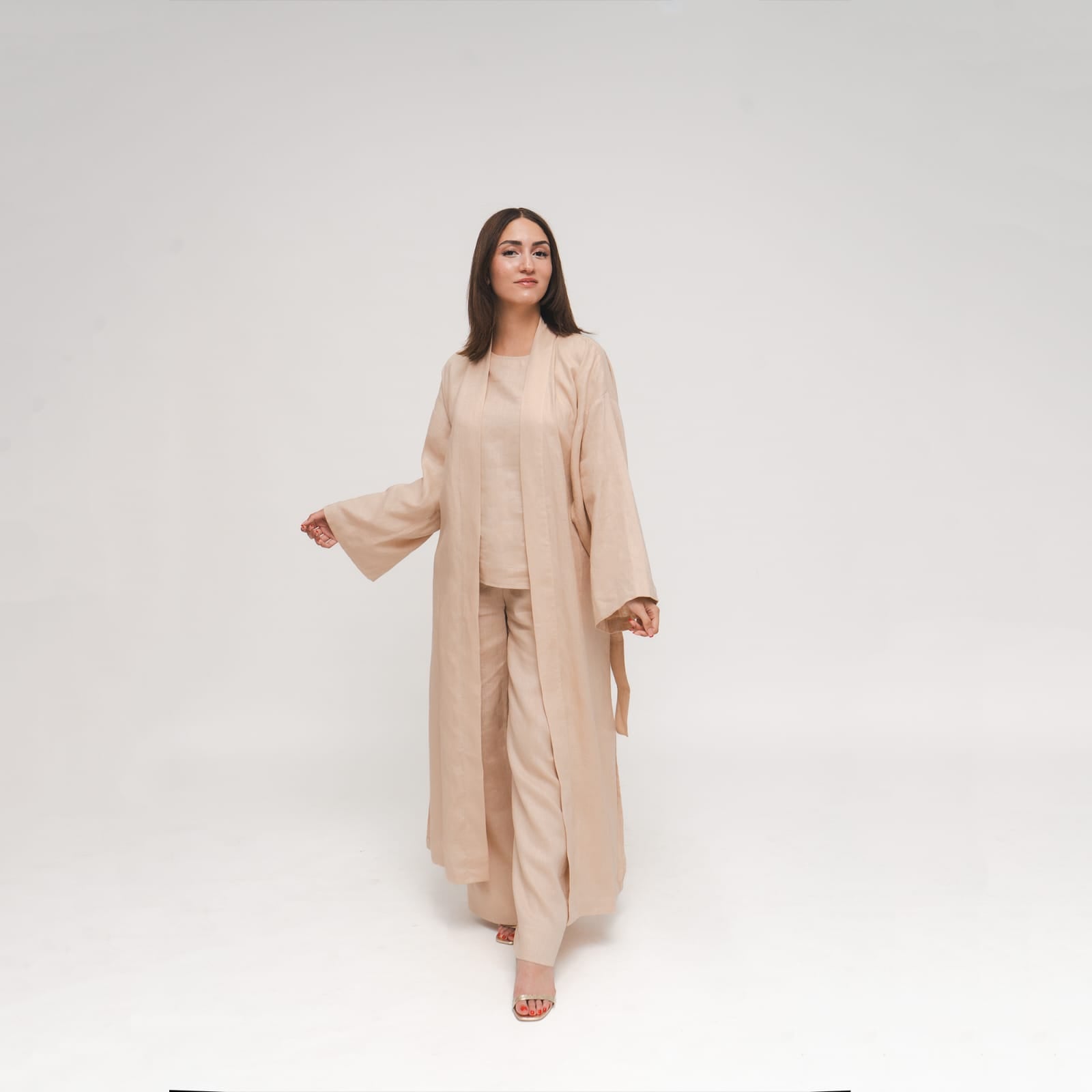 Reese, Italian Linen Kimono Midcalf Jacket in Beige
