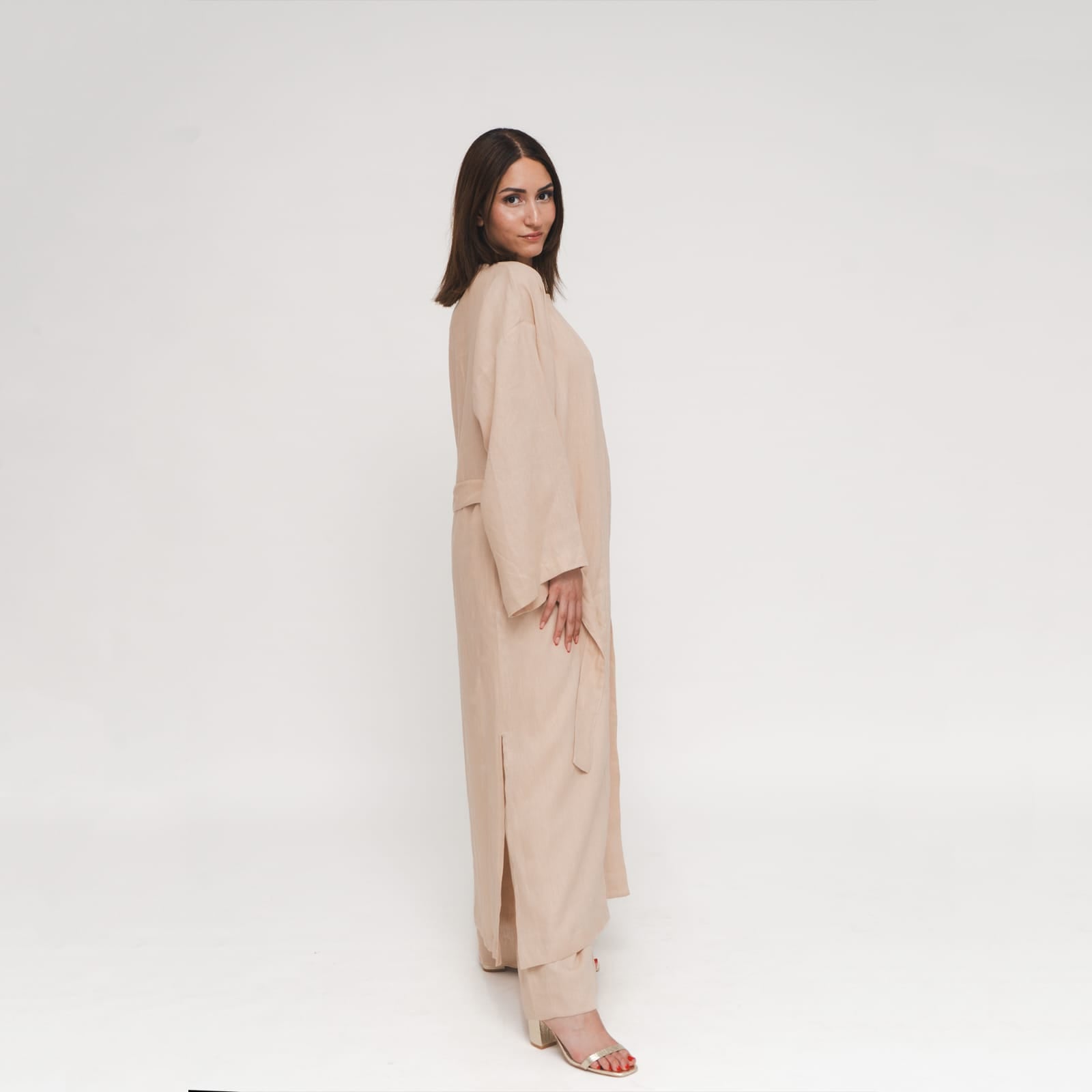 Reese, Italian Linen Kimono Midcalf Jacket in Beige