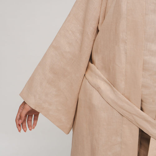 Reese, Italian Linen Kimono Midcalf Jacket in Beige