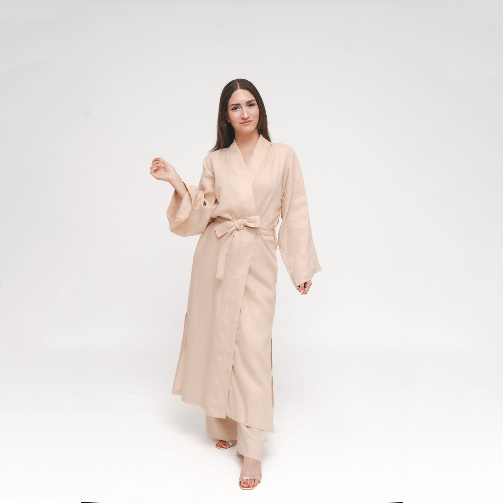 Reese, Italian Linen Kimono Midcalf Jacket in Beige